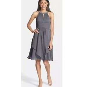 NWT Eliza J Embellished Neck Layered Chiffon Fit Flare Dress sz 4 #S3